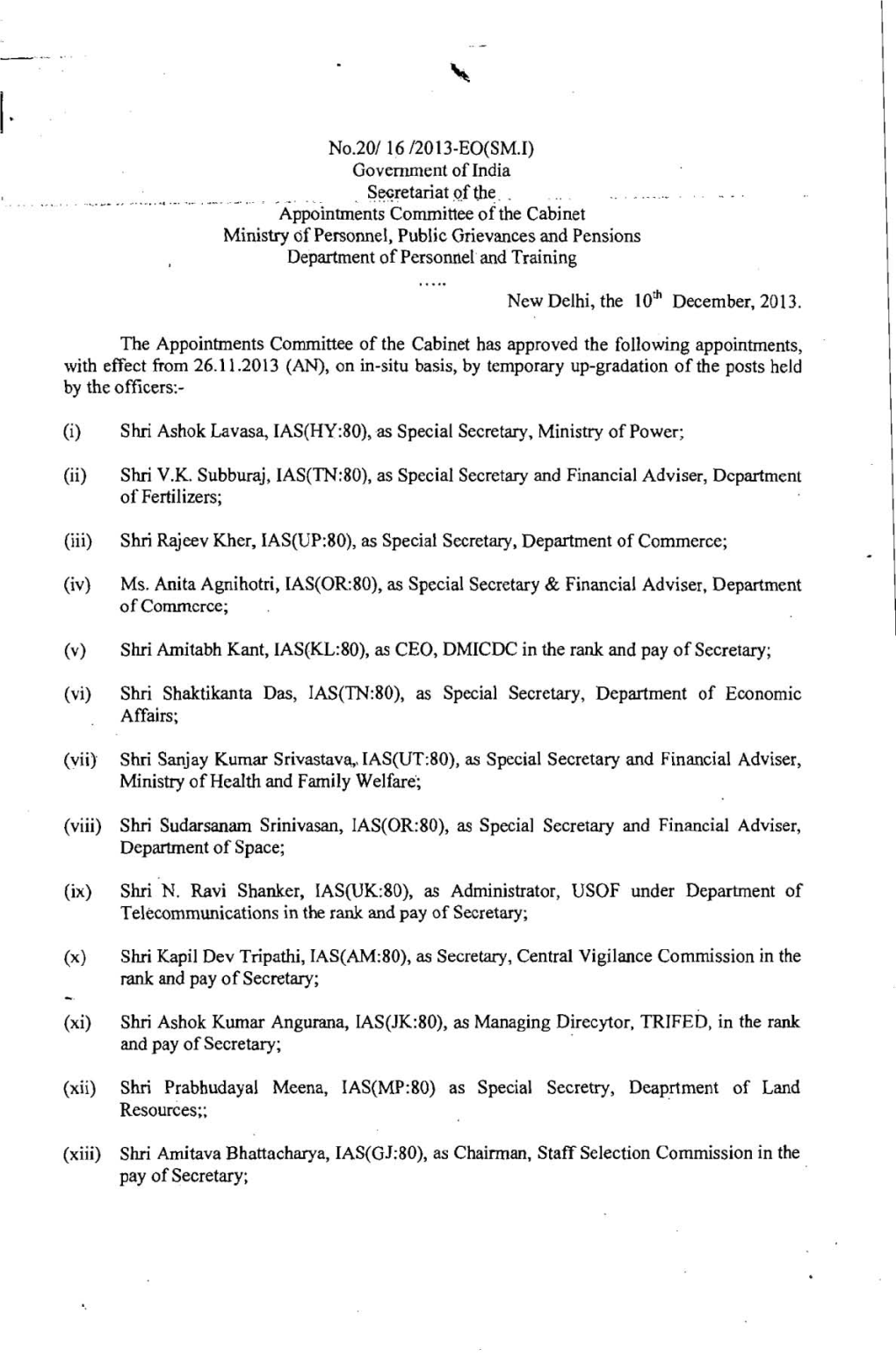 N0.201 16 12013-EO(SM.1) Govenunent of India Secretariat Of