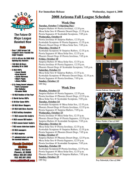 2008 Arizona Fall League Schedule Week One Tuesday, October 7 (Opening Day) Surprise Rafters @ Peoria Javelinas, 12:35 P.M