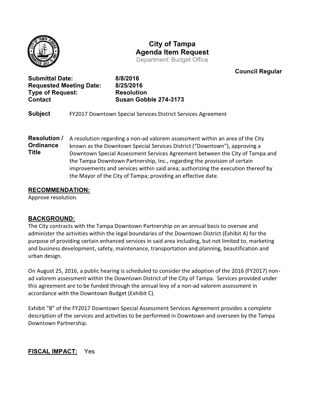 City of Tampa Agenda Item Request