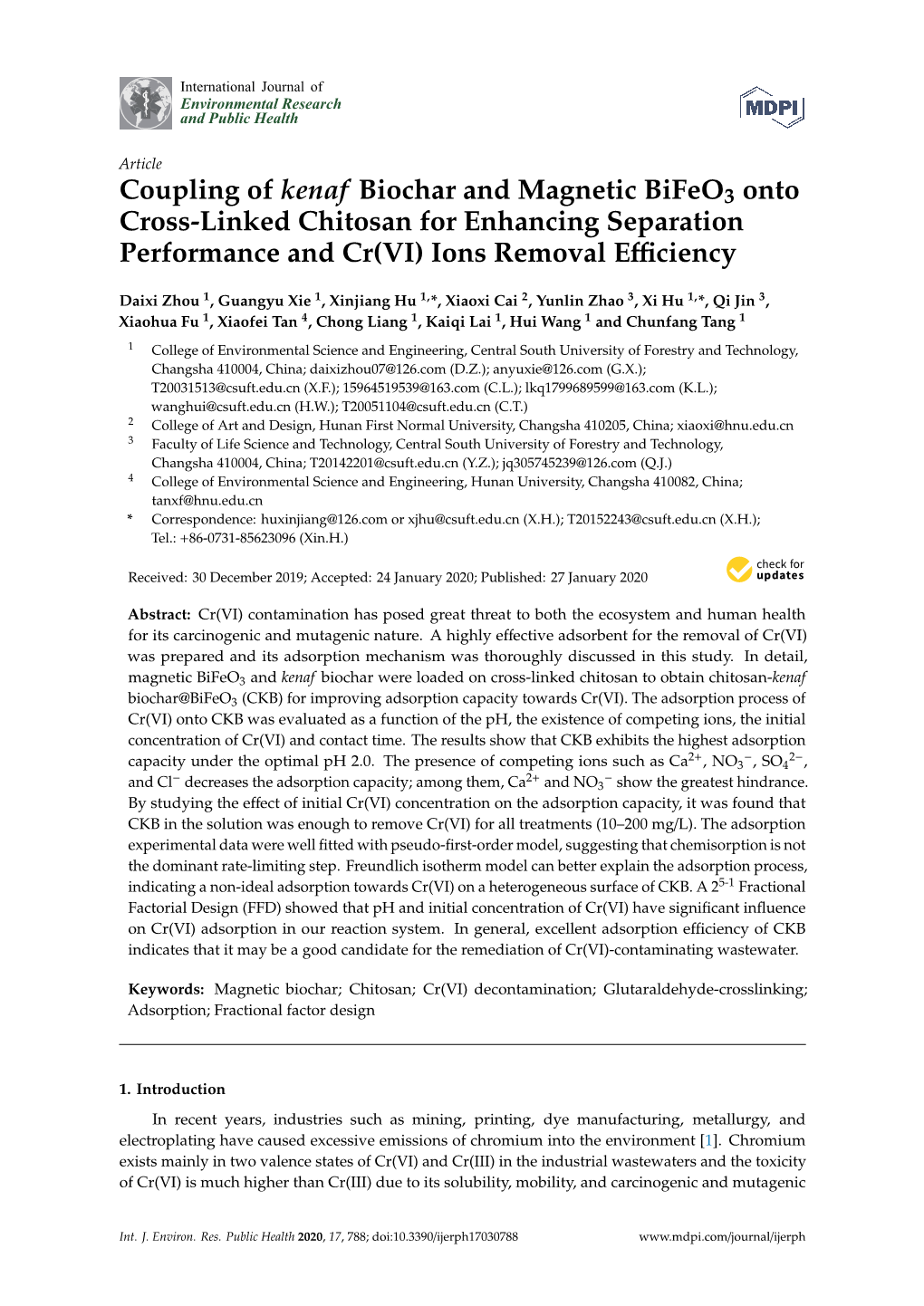 Coupling of Kenaf Biochar and Magnetic Bifeo 3 Onto Cross-Linked Chitosan for Enhancing Separation Performance and Cr(VI)