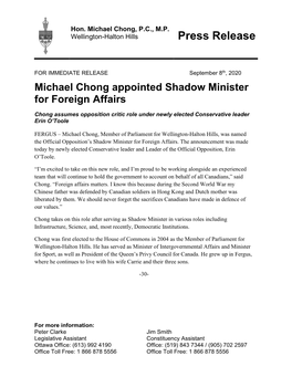 Press Release – Michael Chong Appointed Shadow Minister Of