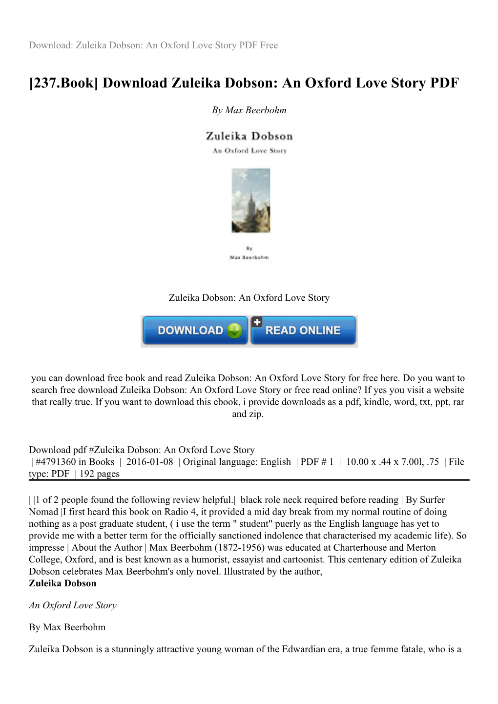 Download Zuleika Dobson: an Oxford Love Story PDF