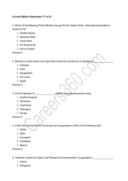 Current Affairs September 17 to 23 1. Which of the Following Prime