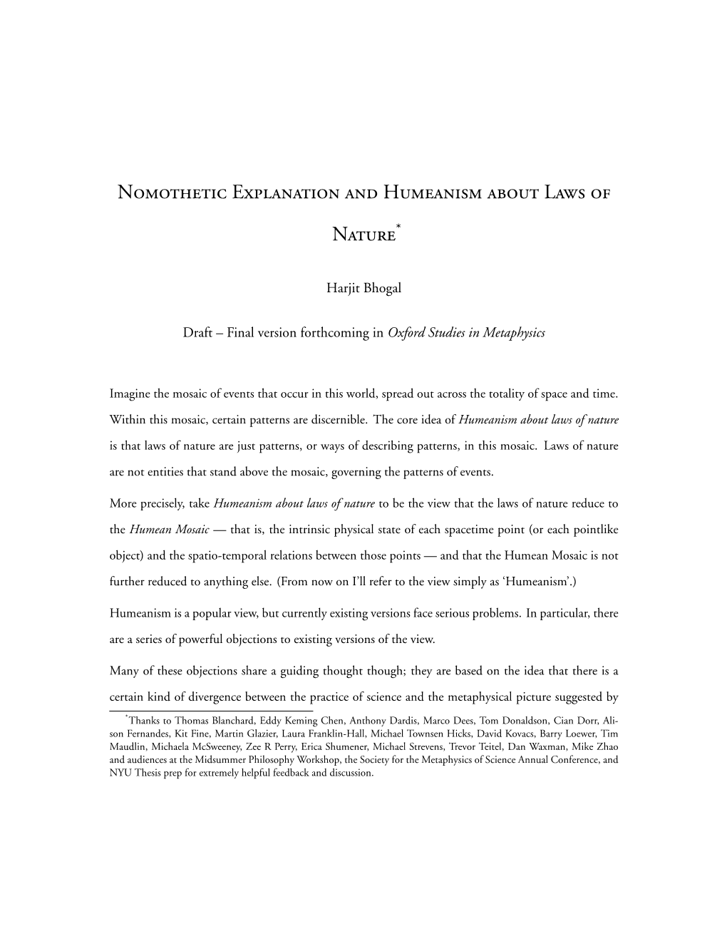 Nomothetic Explanation and Humeanism About Laws of Nature*