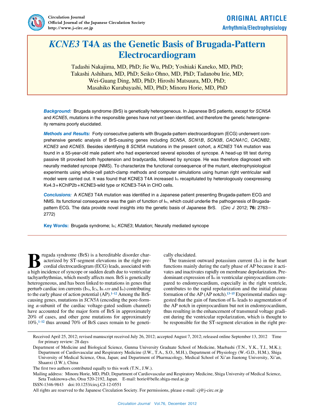 KCNE3 T4A As the Genetic Basis of Brugada-Pattern Electrocardiogram