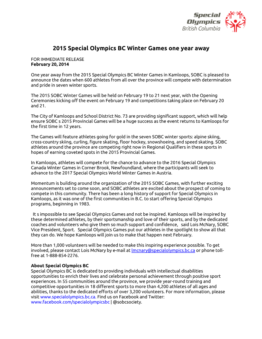 2015 Special Olympics BC Winter Games One Year Away