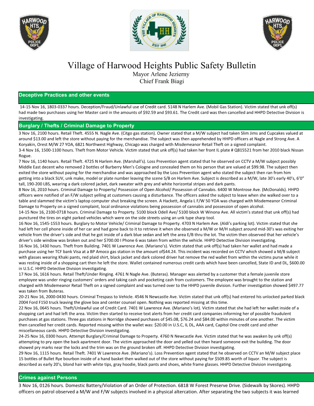 Village of Harwood Heights Public Safety Bulletin s2