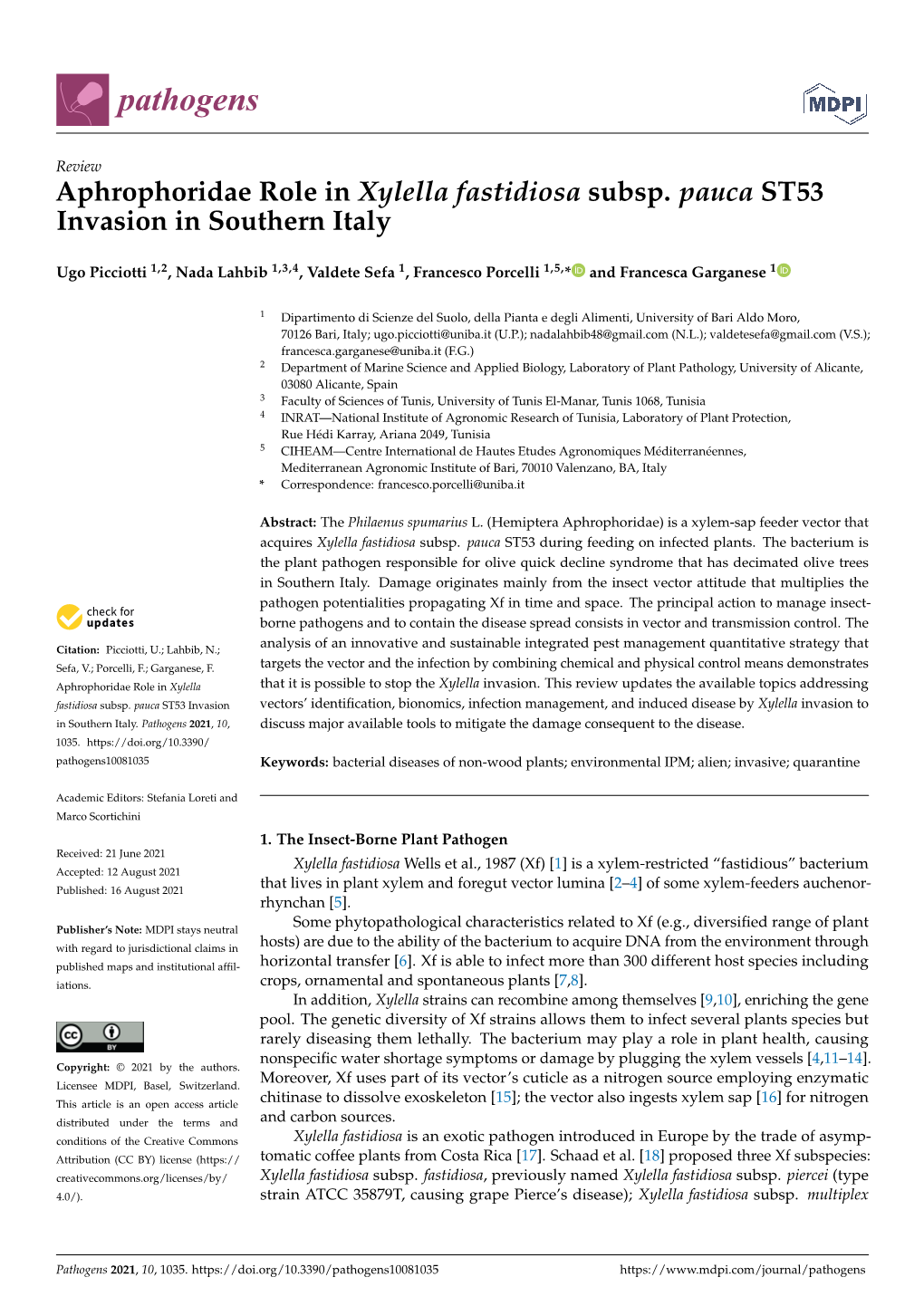 Aphrophoridae Role in Xylella Fastidiosa Subsp. Pauca ST53 Invasion in Southern Italy