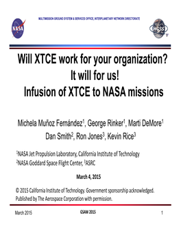 Infusion of XTCE to NASA Missions