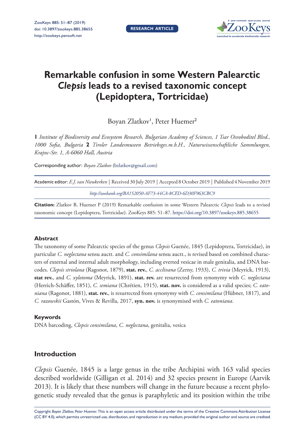 Remarkable Confusion in Some Western Palearctic Clepsis Leads to a Revised Taxonomic Concept (Lepidoptera, Tortricidae)