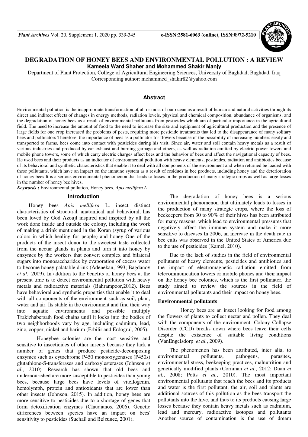 Degradation of Honey Bees and Environmental Pollution