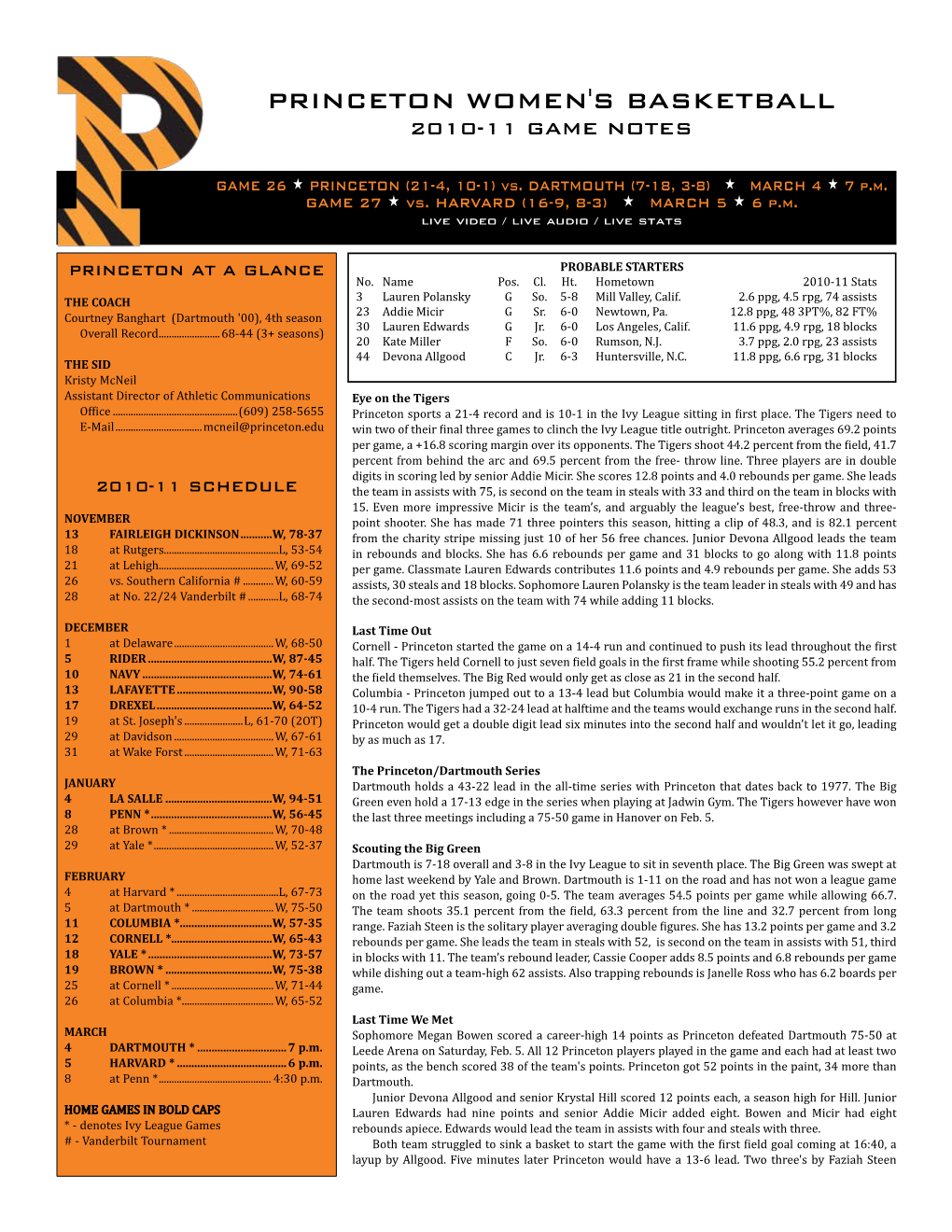 Princeton Women's Basketball 2010-11 Game Notes