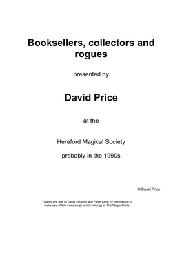 Booksellers, Collectors and Rogues David Price
