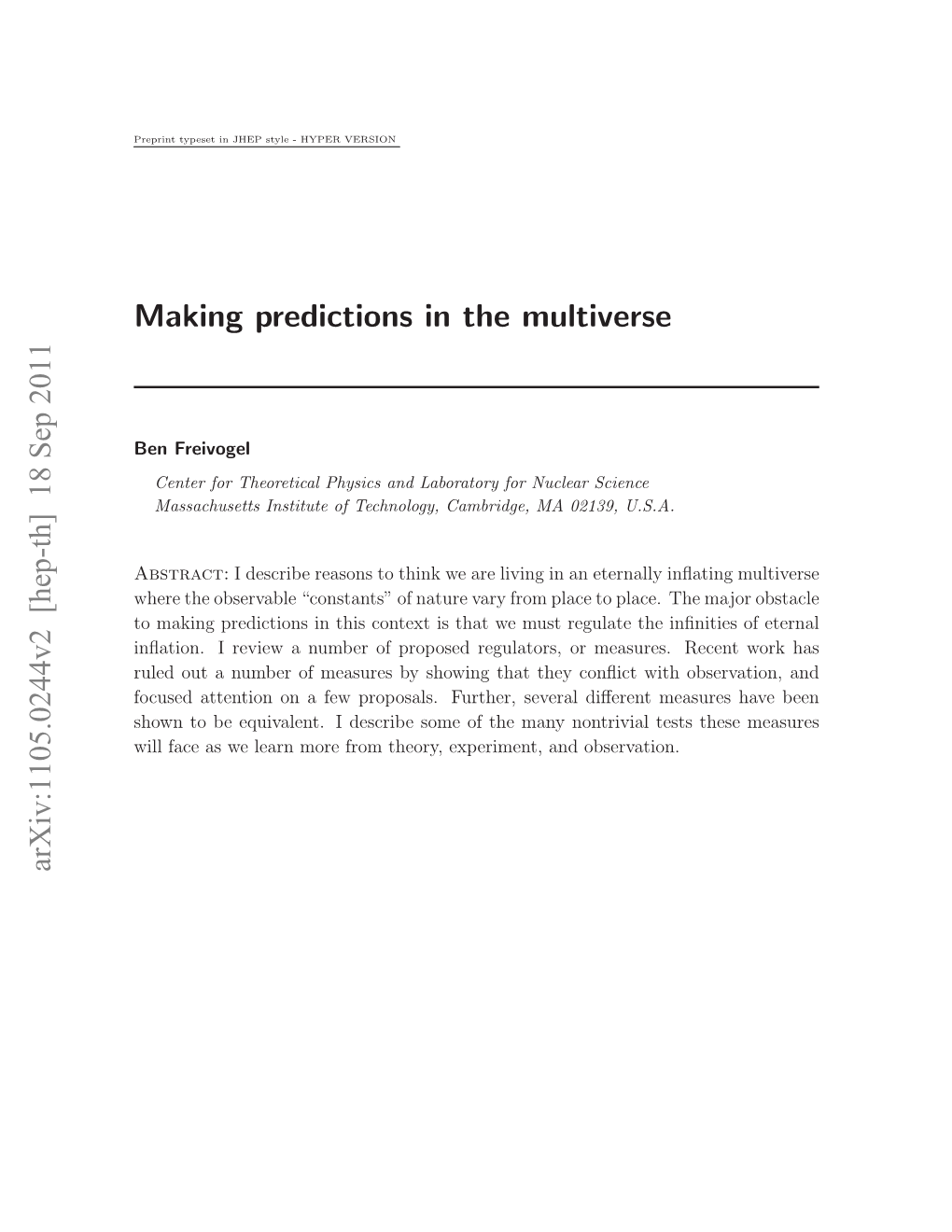 Making Predictions in the Multiverse Arxiv:1105.0244V2 [Hep-Th]