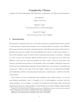 Complexity Classes Chapter 27 of the Forthcoming CRC Handbook on Algorithms and Theory of Computation