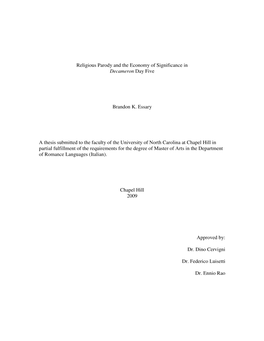Religious Parody and the Economy of Significance in Decameron Day Five Brandon K. Essary a Thesis Submitted to the Faculty of Th
