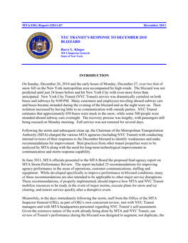 NYC TRANSIT's RESPONSE to DECEMBER 2010 BLIZZARD INTRODUCTION on Sunday, December 26, 2010 and the Early Hours of Monday, Dece