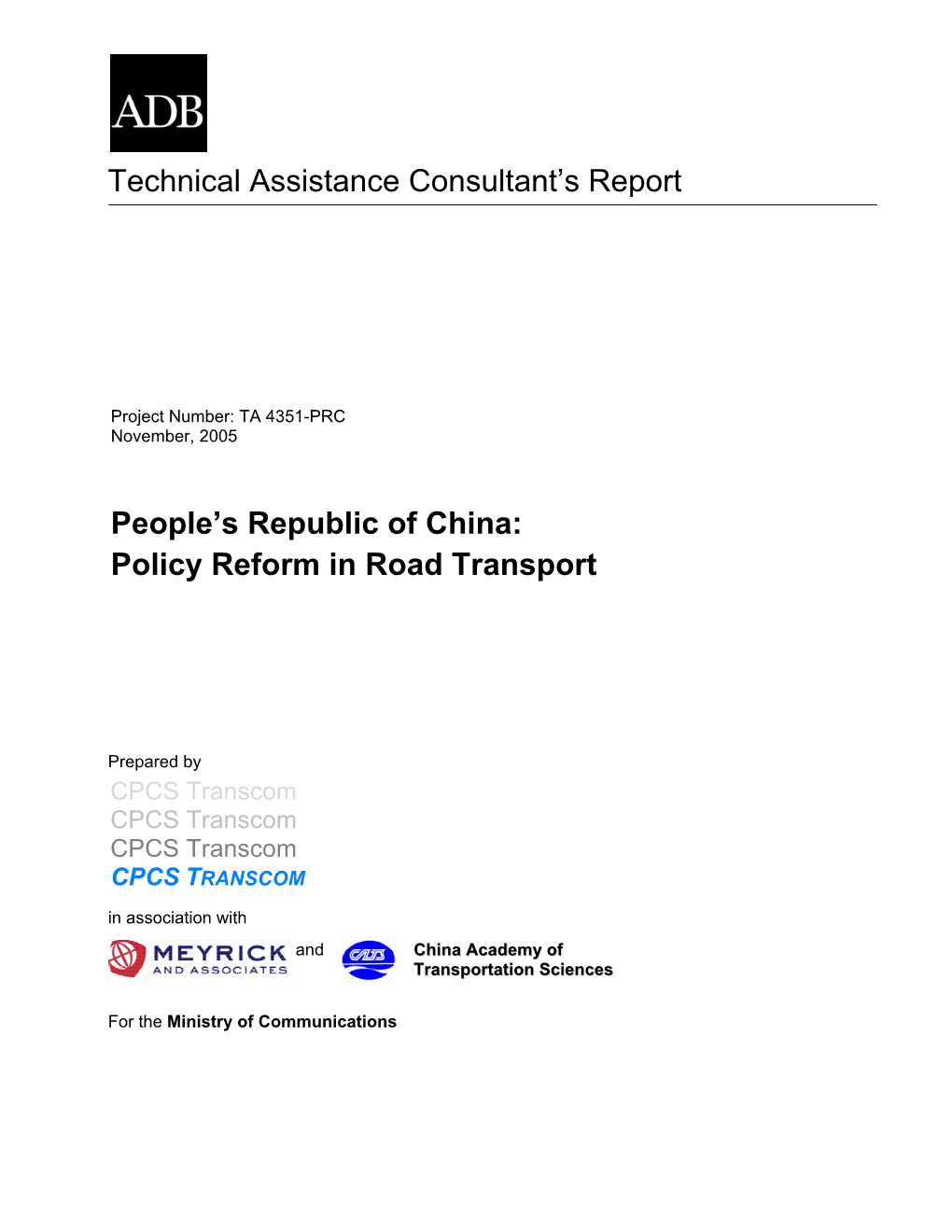 Technical Assistance Consultant's Report People's Republic of China