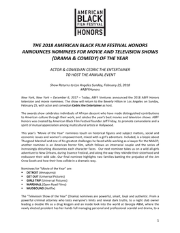 The 2018 American Black Film Festival Honors Announces Nominees for Movie and Television Shows (Drama & Comedy) of the Year