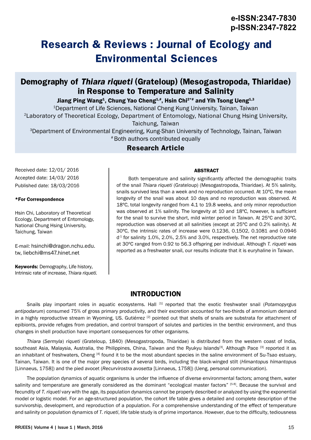 Wang, Jiang Ping, Chung Yao Cheng, Hsin Chi, and Yih Tsong Ueng. 2016. Demography of Thiara