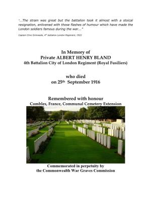 In Memory of Private ALBERT HENRY BLAND Who Died on 25Th
