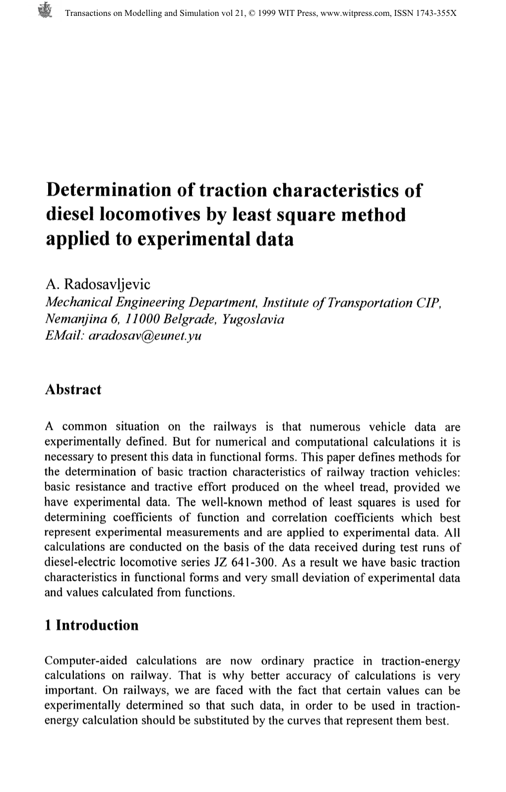 Determination of Traction Characteristics of Diesel Locomotives by Least Square Method Applied to Experimental Data