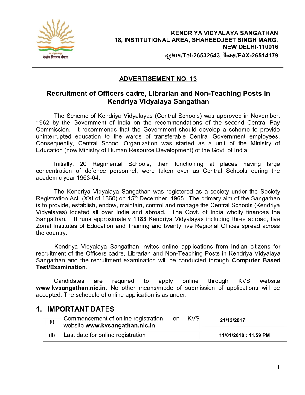 Recruitment of Officers Cadre, Librarian and Non-Teaching Posts in Kendriya Vidyalaya Sangathan