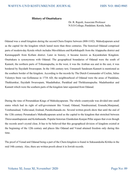 ​History of Onattukara​ WAFFEN-UND KOSTUMKUNDE JOURNAL Volume XI, Issue XI, November/2020 ISSN NO: 0042-9945 Page No: 89