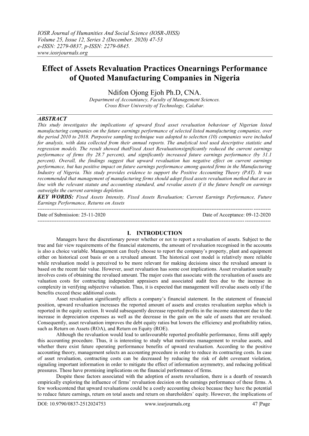 Effect of Assets Revaluation Practices Onearnings Performance of Quoted Manufacturing Companies in Nigeria