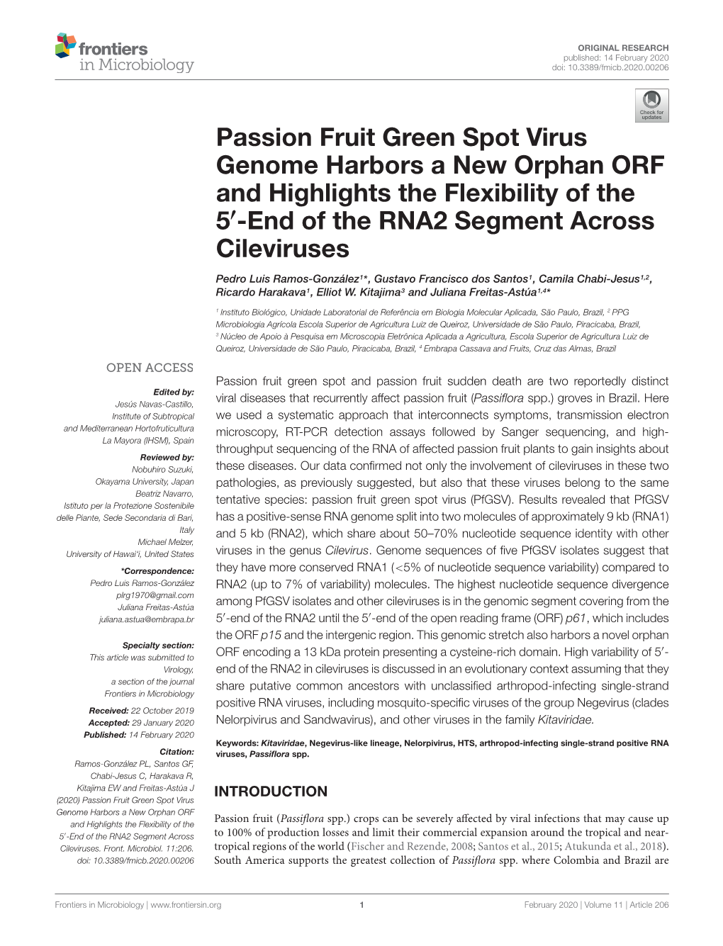 Passion Fruit Green Spot Virus Genome Harbors a New Orphan ORF and Highlights the Flexibility of the 50-End of the RNA2 Segment Across Cileviruses