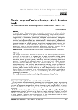 Climate Change and Southern Theologies. a Latin American Insight ∗∗∗ As Alterações Climáticas E As Teologias Do Sul