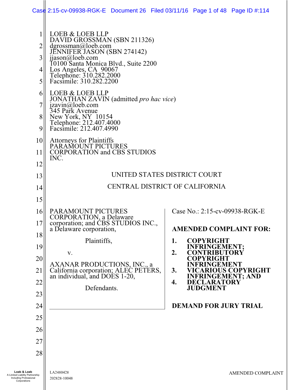 AMENDED COMPLAINT FOR: 18 Plaintiffs, 1