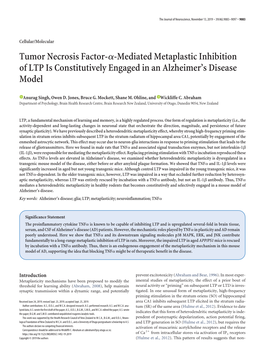 Tumor Necrosis Factor-␣-Mediated Metaplastic Inhibition of LTP Is Constitutively Engaged in an Alzheimer’S Disease Model