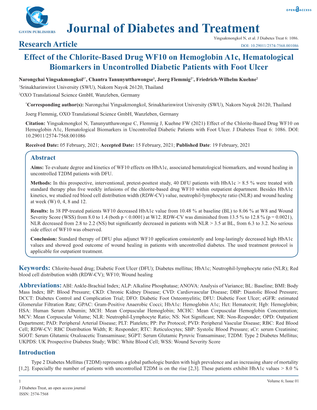 Journal of Diabetes and Treatment Yingsakmongkol N, Et Al