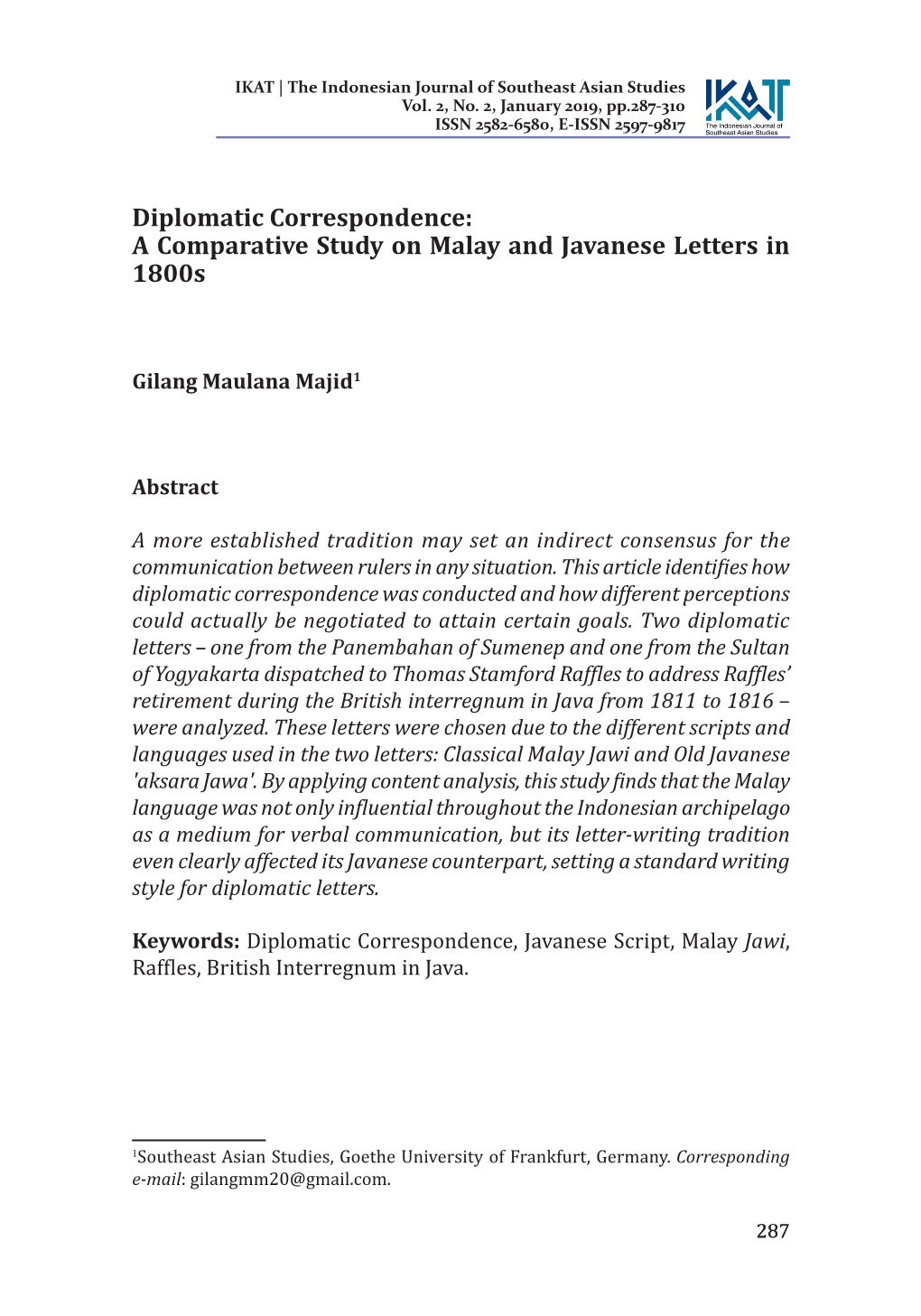 Diplomatic Correspondence: a Comparative Study on Malay and Javanese Letters in 1800S
