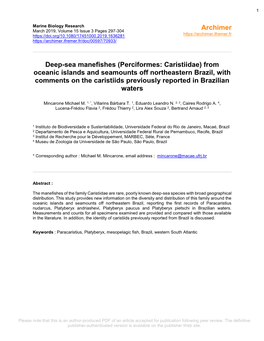 Perciformes: Caristiidae) from Oceanic Islands and Seamounts Off Northeastern Brazil, with Comments on the Caristiids Previously Reported in Brazilian Waters