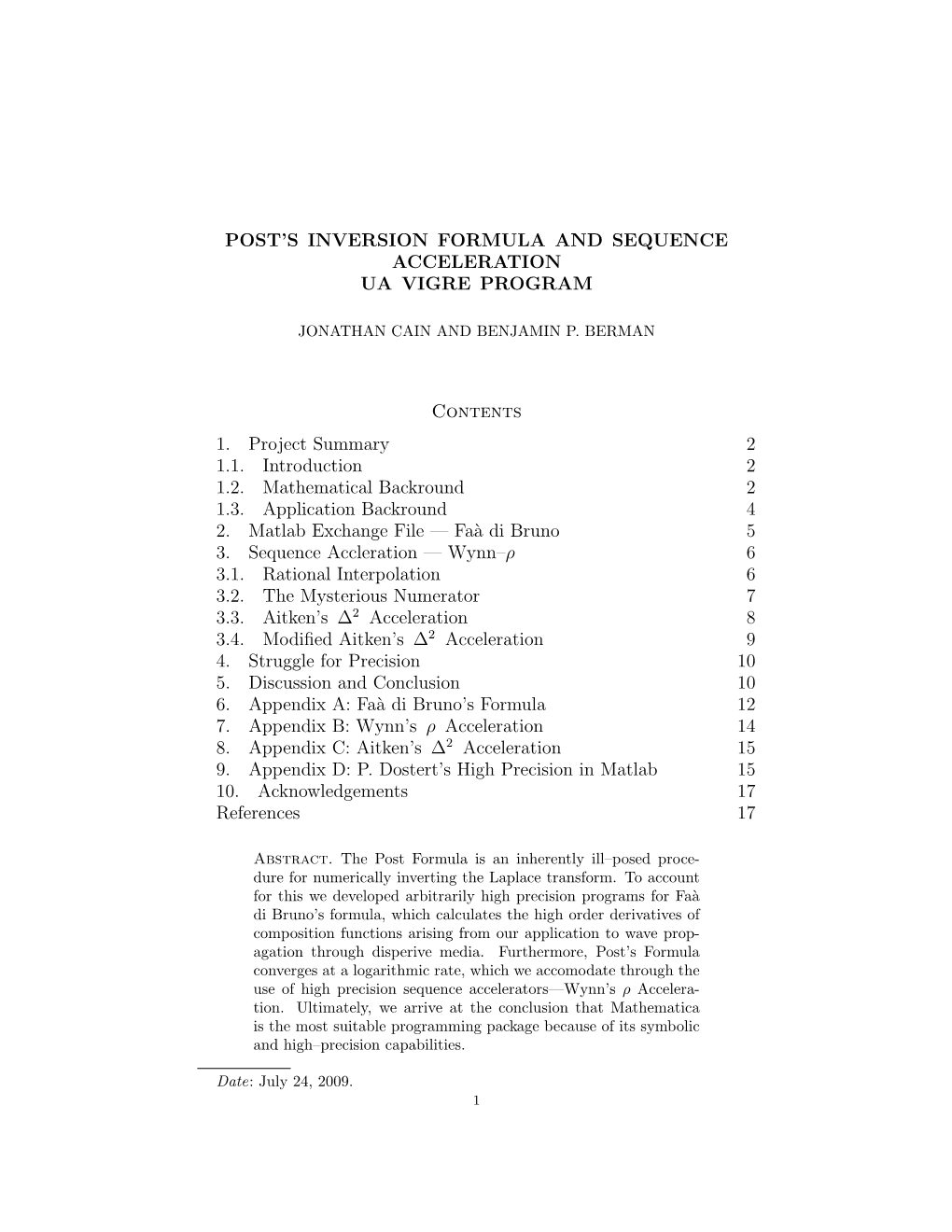 Post's Inversion Formula and Sequence Acceleration Ua Vigre Program