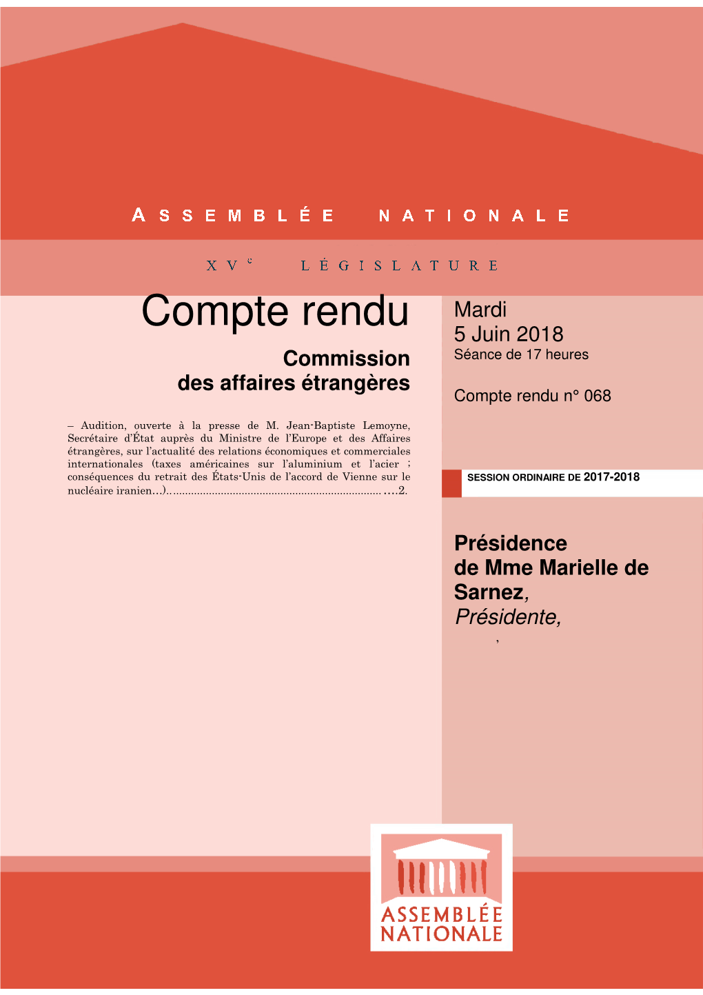 Compte Rendu Mardi 5 Juin 2018 Commission Séance De 17 Heures Des Affaires Étrangères Compte Rendu N° 068