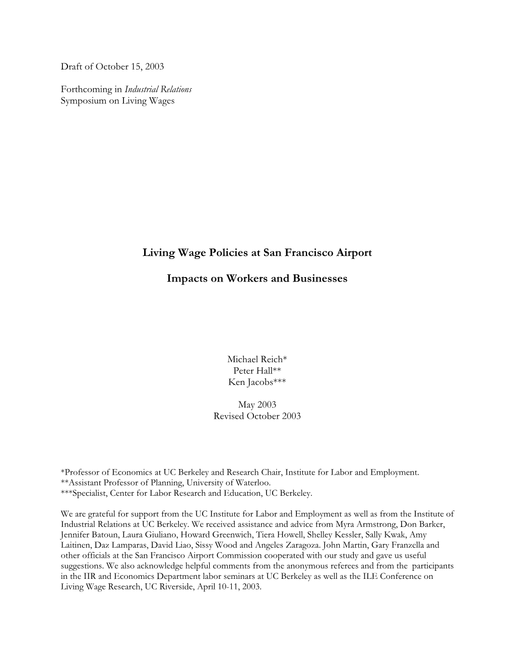 Living Wage Policies at San Francisco Airport:: Impacts on Workers And