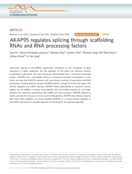 AKAP95 Regulates Splicing Through Scaffolding Rnas and RNA Processing Factors