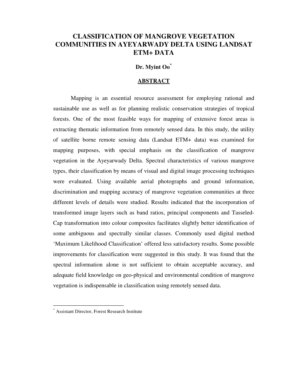 Classification of Mangrove Vegetation Communities in Ayeyarwady Delta Using Landsat Etm+ Data