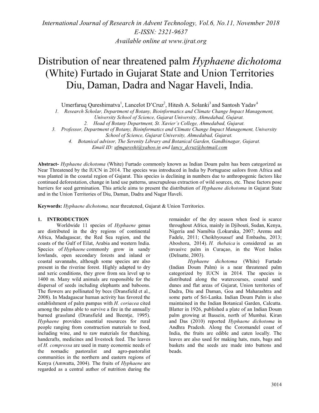 Distribution of Near Threatened Palm Hyphaene Dichotoma (White) Furtado in Gujarat State and Union Territories Diu, Daman, Dadra and Nagar Haveli, India