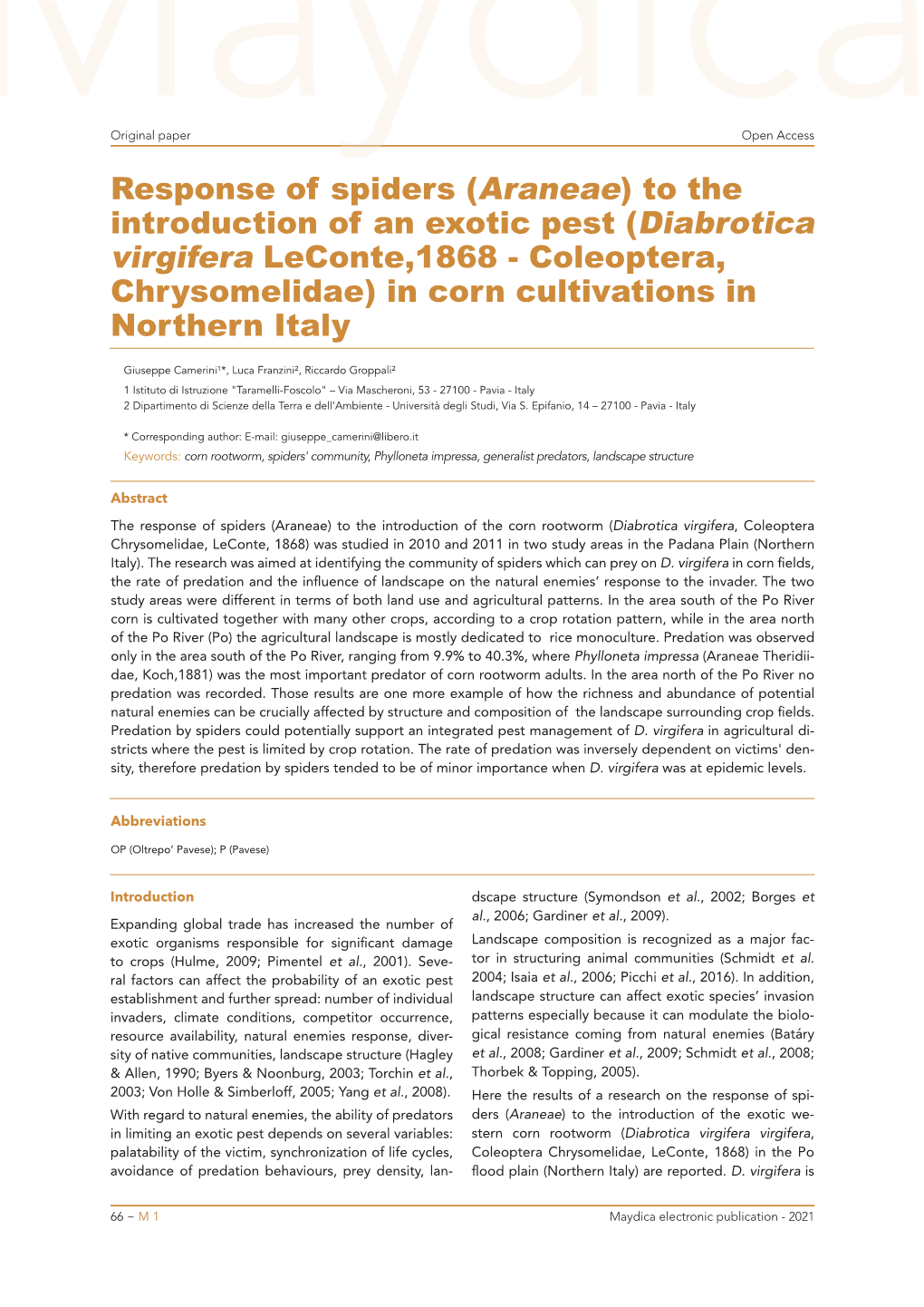 (Araneae) to the Introduction of an Exotic Pest (Diabrotica Virgifera Leconte,1868 - Coleoptera, Chrysomelidae) in Corn Cultivations in Northern Italy