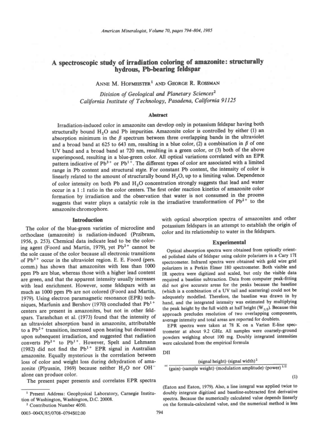 A Spectroscopic Study of Irradiation Colodlg of Amazonite: Structurally Hydrous, Pbbearing Feldspar