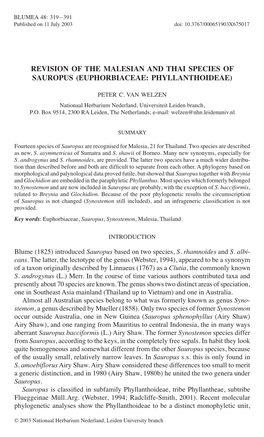 Revision of the Malesian and Thai Species of Sauropus (Euphorbiaceae: Phyllanthoideae)