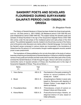 Sanskrit Poets and Scholars Flourished During Suryavamsi Gajapati Period (1435-1568Ad) in Orissa