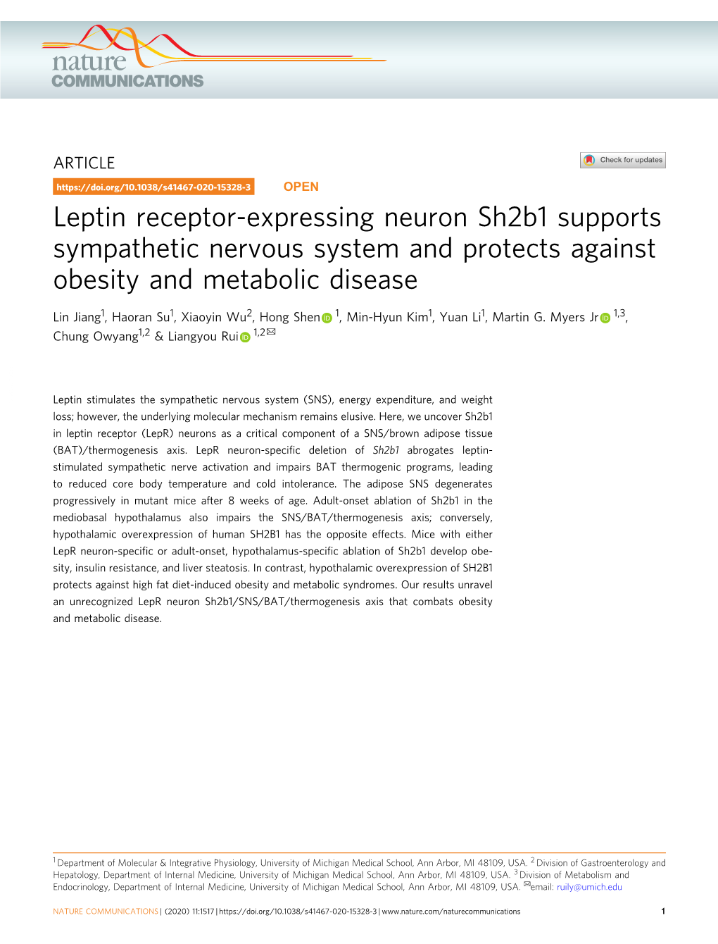 Leptin Receptor-Expressing Neuron Sh2b1 Supports Sympathetic Nervous System and Protects Against Obesity and Metabolic Disease