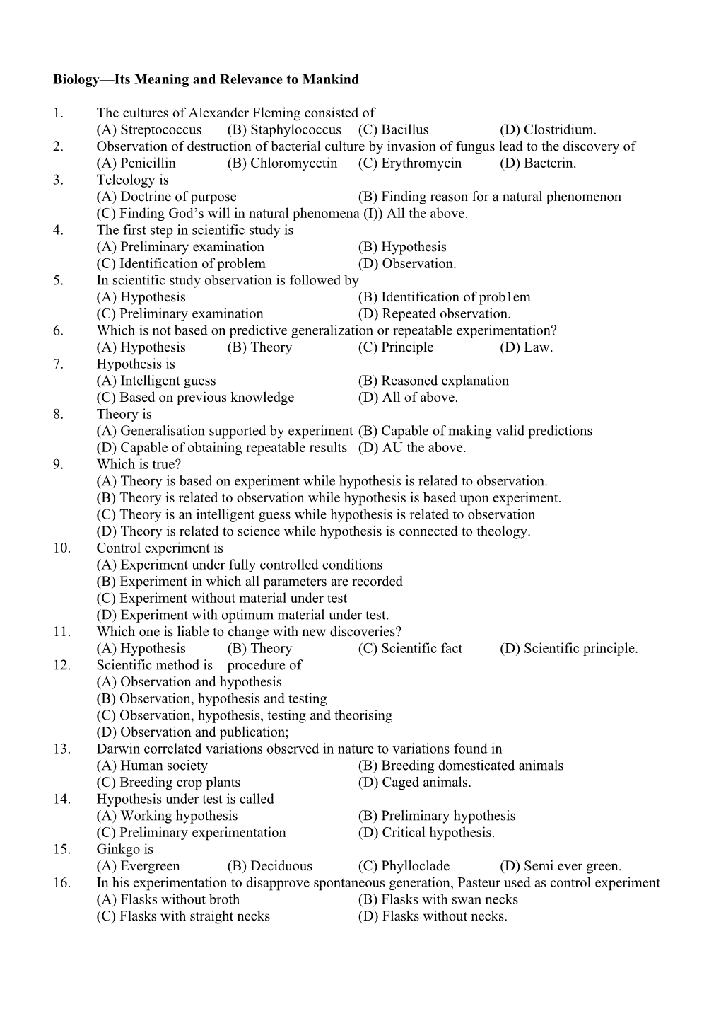 Biology—Its Meaning and Relevance to Mankind