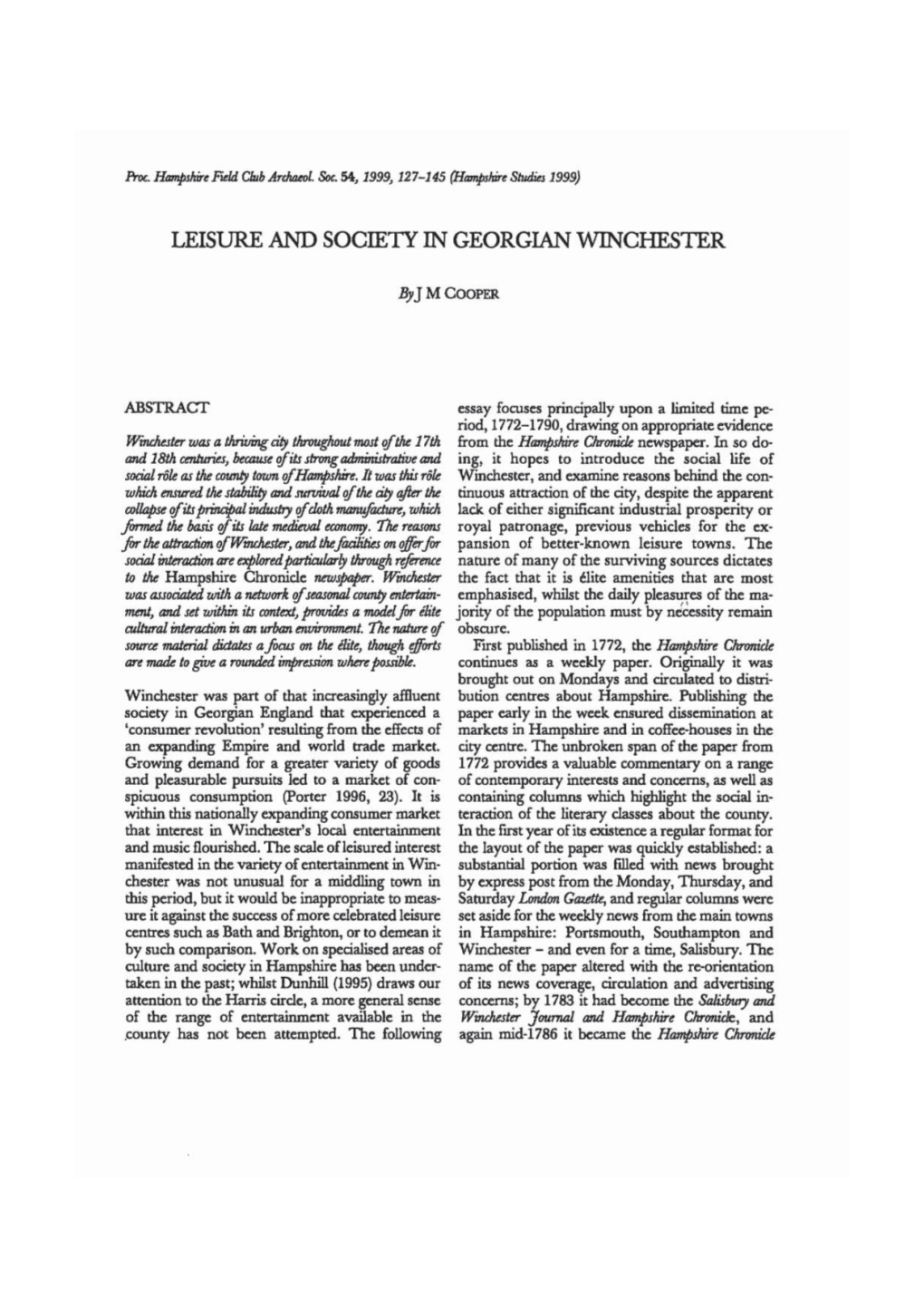 Leisure and Society in Georgian Winchester