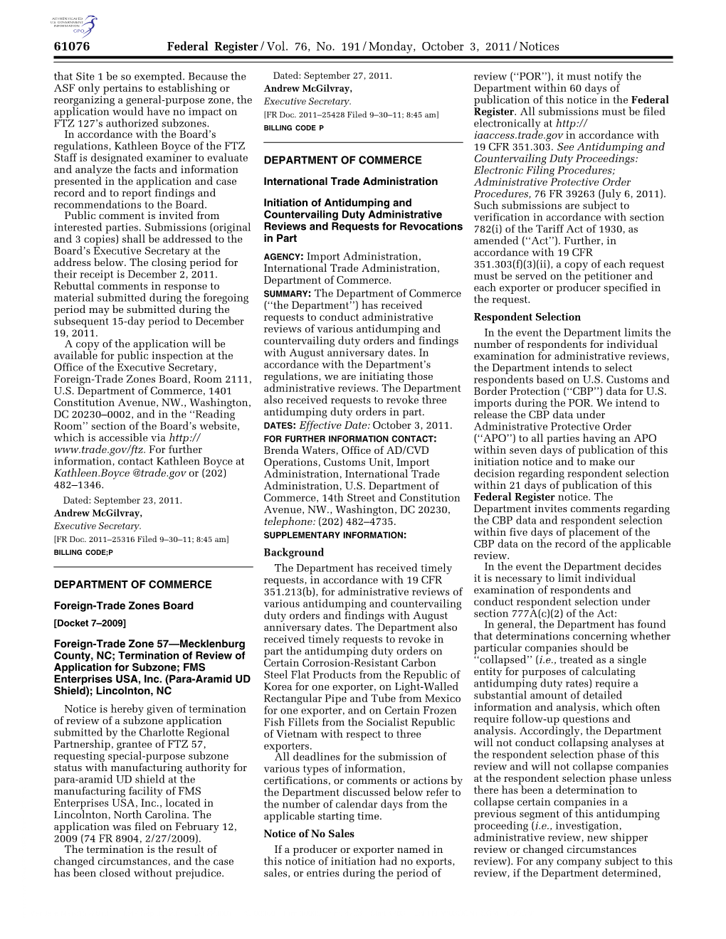 Federal Register/Vol. 76, No. 191/Monday, October 3, 2011/Notices